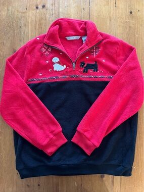 Vintage Puppy Appliqué 1/4 Zip TanJay Whimsical Red & Black Tartan Trim Fleece